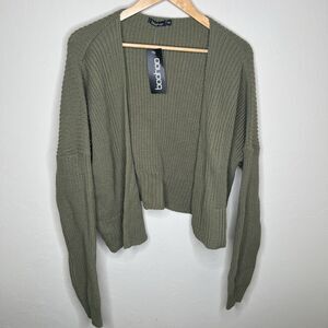 Boohoo Womens Oversized Ribbed Cropped Open Cardigan Sweater Sz S/M Green Khaki